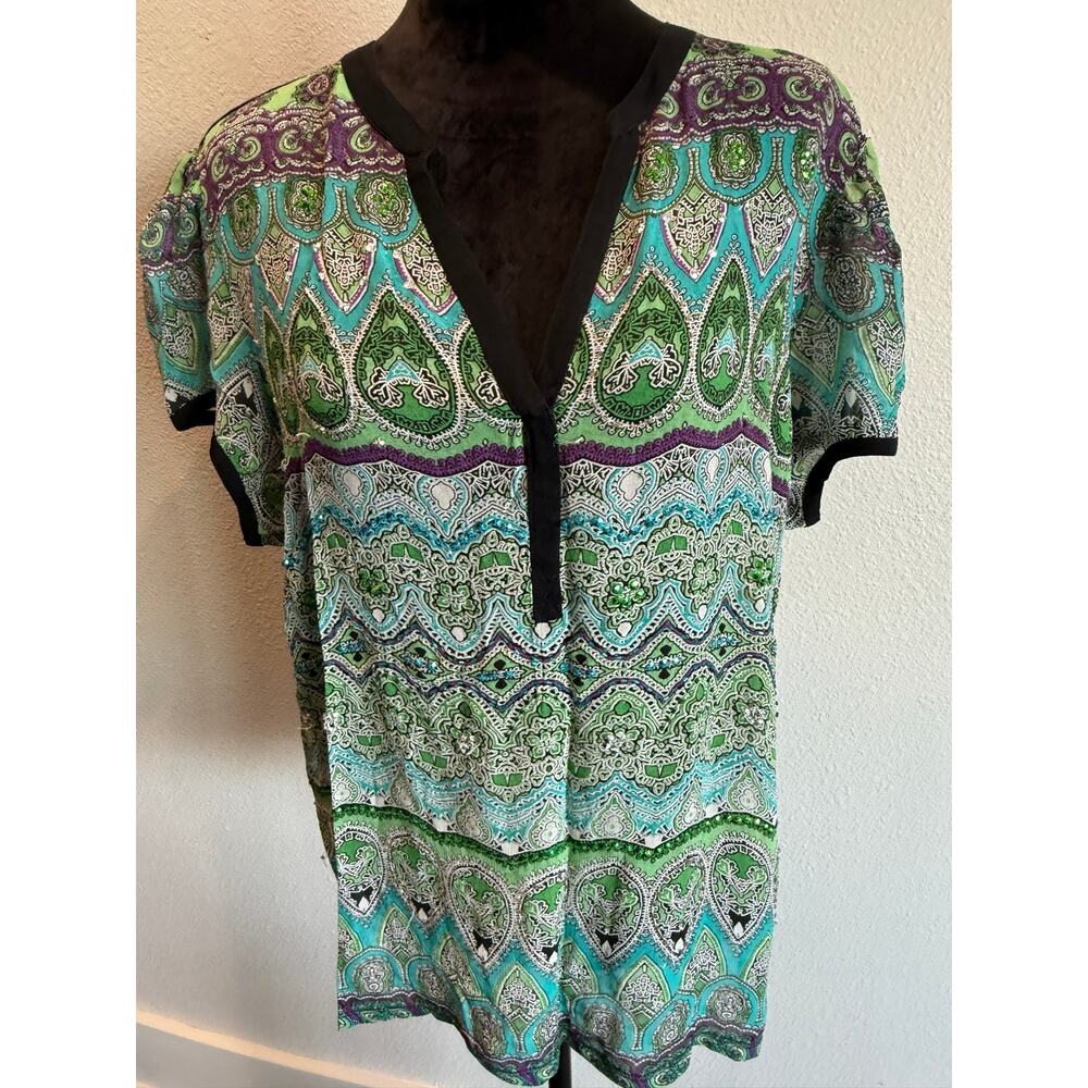 Bila Womens XXL Paisley Tunic Top Green Blue Purple Beaded Boho V Neck Rayon